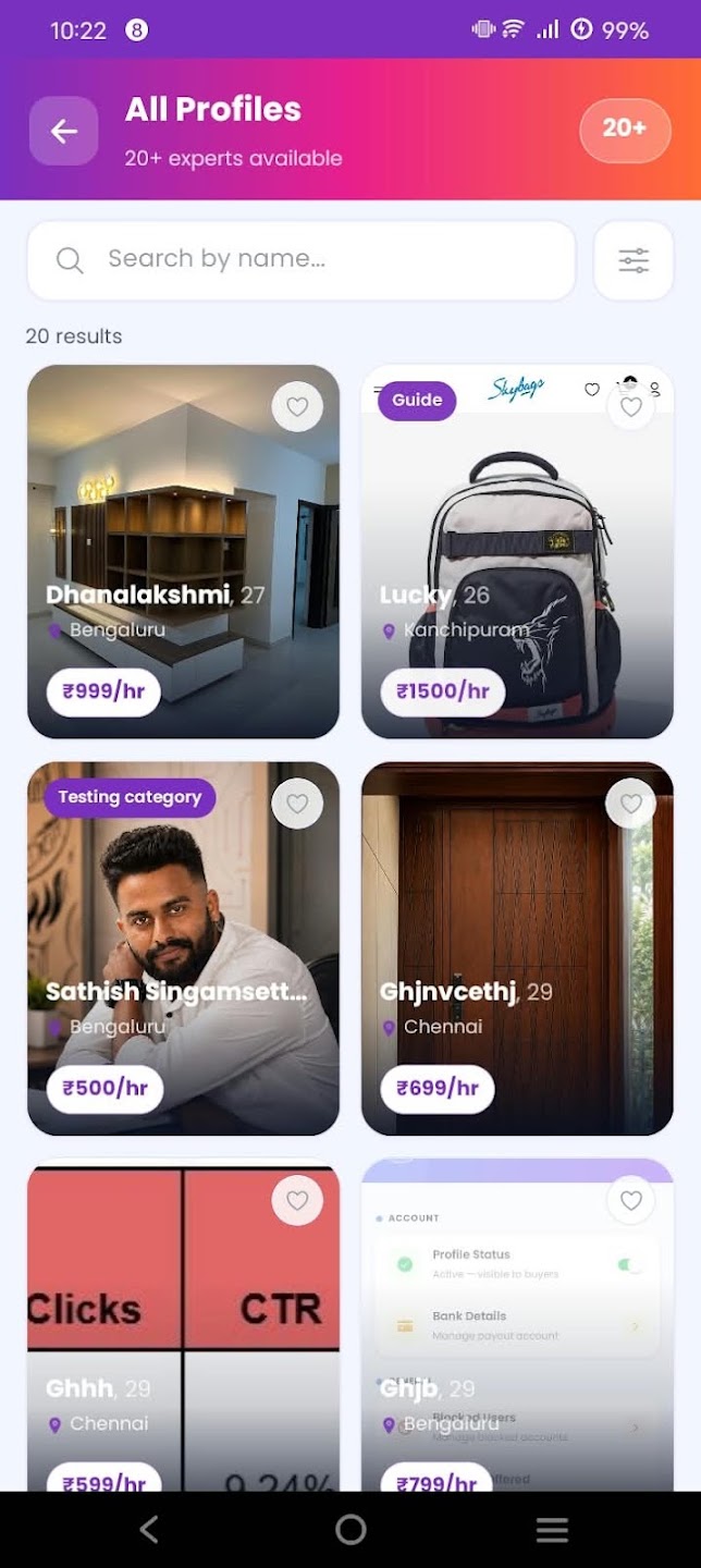 Sell My Time app professional profile browsing screen