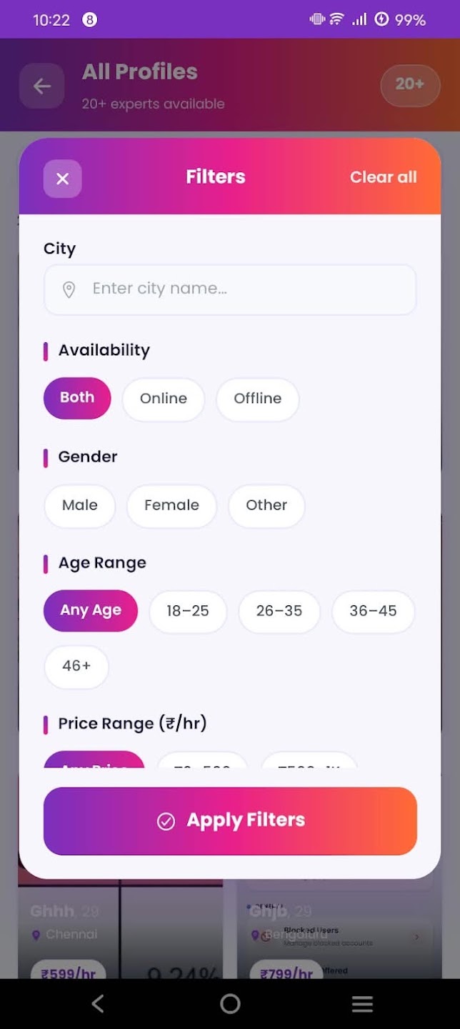Sell My Time app profile filters screen