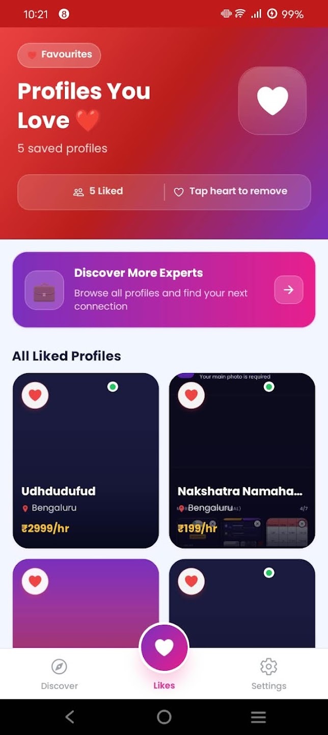 Sell My Time app home and saved profiles screen