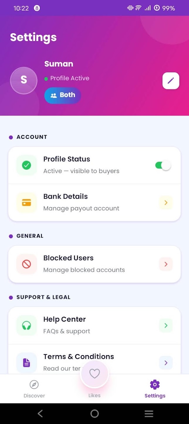 Sell My Time app settings and account management screen